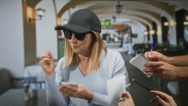 Woman signs autograph with pen and notepad inside a restaurant building with arched corridor and tables; calm appreciation.