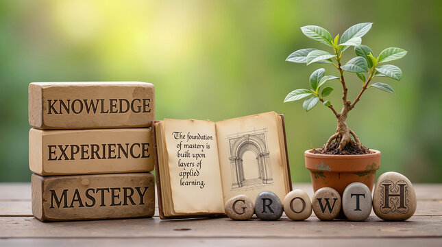 Knowledge Experience Mastery Concept with Potted Plant and Growth Stones for Personal Development and Learning