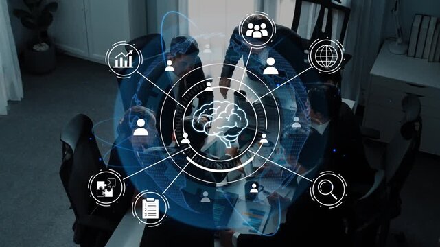 Collaborative Meeting and Brainstorming Concept with Digital Icons Representing Ideas, Innovation, and Connectivity in a Modern Office Environment. Entropy.