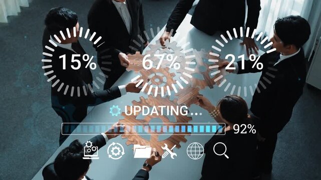 Team Collaboration in a Modern Office with Progress Indicators and Gears Representation of Data Updating and Teamwork in a Corporate Environment. Entropy.
