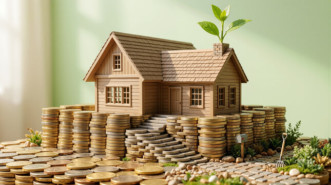 Miniature Wooden House on Stacks of Golden Coins with Growing Green Sprout for Real Estate Investment, Mortgage, and Financial Growth Concept