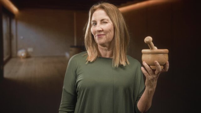 Middle age blonde woman holds wooden mortar and pestle with hand raised in a rustic home kitchen lit by warm light; home cooking contentment.