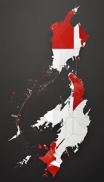 Stylized map of Indonesia filled with bold red and white national flag colors and subtle glowing outline displayed against smooth dark gray background. National and Geographic Concept

