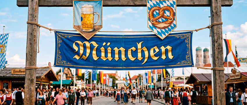 Wooden entrance arch with Munchen banner decorated with beer mug and pretzel emblem at Oktoberfest festival in Munich. Bavarian folk celebration with crowd in traditional costume and fairground.