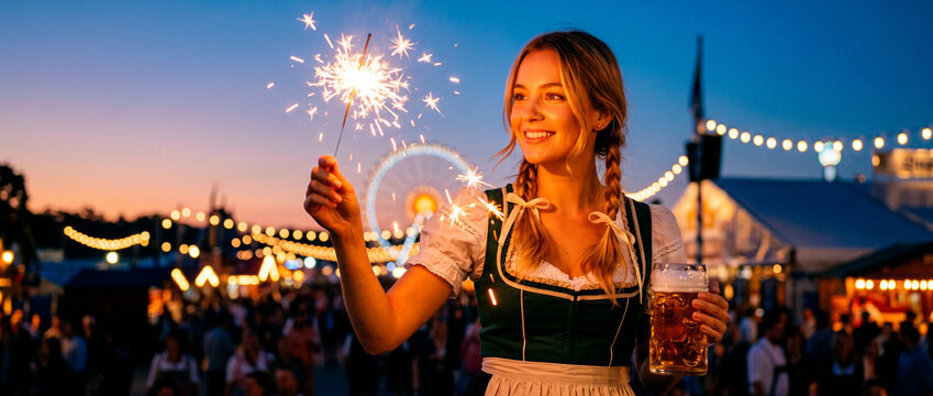 Smiling woman in traditional dirndl holding beer mug and sparkler at evening Oktoberfest festival. Bavarian folk celebration with lights and ferris wheel. German culture and beer holiday concept