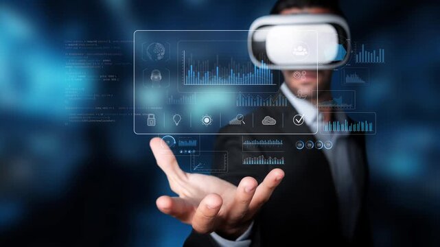A professional businessman engages with virtual reality technology, interacting with dynamic digital data and charts in a futuristic workspace for business analysis. Raster
