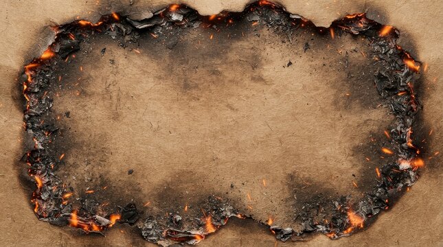 Burnt paper background with orange flames and ash