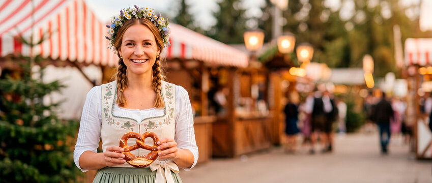 Smiling woman in traditional dirndl holding pretzel at Oktoberfest market. Bavarian folk festival celebration and German culture tradition. autumn beer festival concepts background