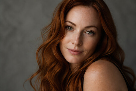 A portrait of a woman with long red hair looking directly at the camera against a dark gray background.