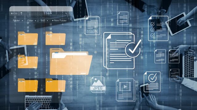 Abstract digital workspace with hands on laptops and devices surrounding paper documents, folders, and checklists representing modern data management and collaboration Sigmoid