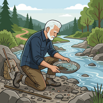 Elderly man panning for gold in river surrounded by forest