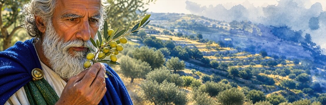 Elderly ancient Israelite man inspecting fruited olive branch in hillside orchard. Close-up portrait of biblical farmer overlooking terraced olive grove landscape. Wide horizontal banner template