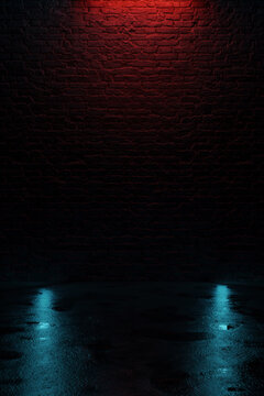 3d rendering of street asphalt with puddles and aged brick wall, illuminated by neon lights