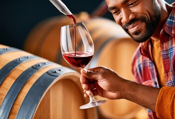 Fototapeta premium Winemaker pouring red wine into glass for tasting in a barrel cellar with a smiling man