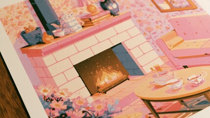 Fototapeta premium A warm room shows a fireplace surrounded by soft colors and retro decor. Flowers and books add to the inviting setting in a limited palette.