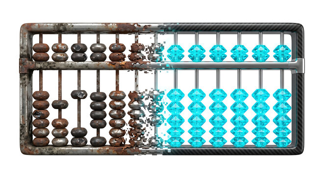Abacus transitioning from rusty metal to glowing digital beads