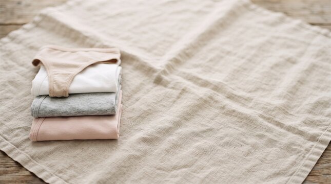 high angle view of stack of folded pastel color women underwear on natural beige linen cloth with wide copy space