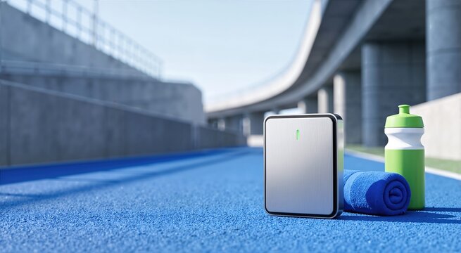 Silver electronic security access reader module sitting beside rolled blue towel and green water bottle on athletic blue running track. Outdoor sports facility and smart access control concept