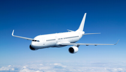 Naklejka premium White commercial passenger aircraft flying low angle front view in clear blue sky, jet airplane above clouds, modern civil aviation transport concept, clean isolated airliner template mockup