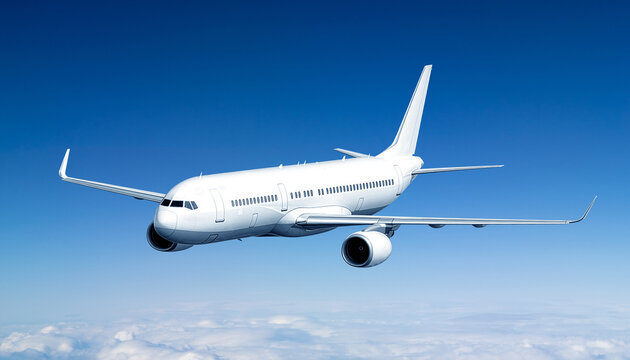 White commercial passenger aircraft flying low angle front view in clear blue sky, jet airplane above clouds, modern civil aviation transport concept, clean isolated airliner template mockup