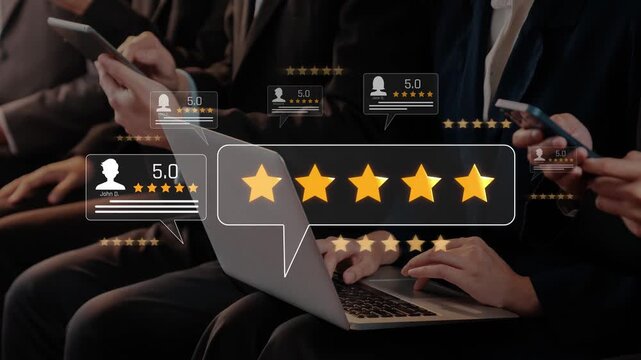 A focused group of business professionals engaging in a meeting while viewing digital ratings and reviews on their devices, showcasing the value of customer feedback. Raster