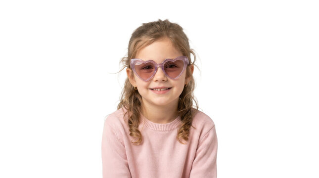 Young girl wearing heart shaped sunglasses and pink sweater smiling PNG Isolated on transparent background