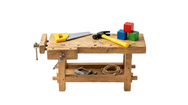 Wooden workbench with toy tools and building blocks for children PNG Isolated on transparent background