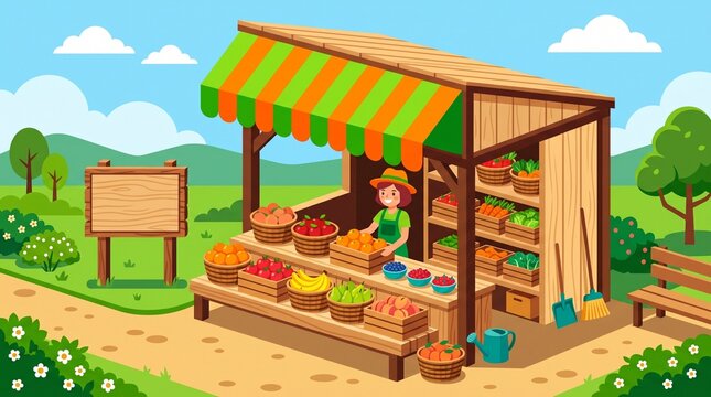 Colorful farm stand market stall filled with fresh produce under green canopy in rural countryside setting