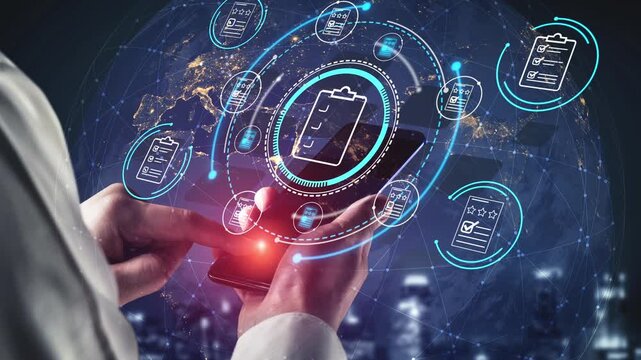 Innovative Technology Concept with Hands Holding Smartphone and Digital Interface for Document Management and Data Visualization in Modern Business Environment. Entropy.