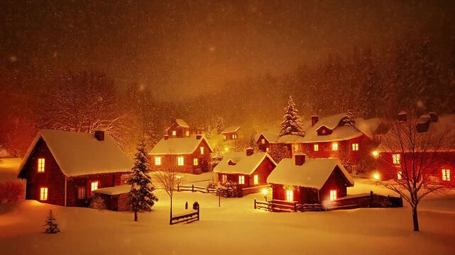 Cozy red wooden houses in a small village during a snowy winter night.