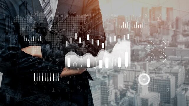 Businessman in Suit Overlooking Cityscape with Digital Visualization of Data Analytics and Global Market Trends in Background. Entropy.