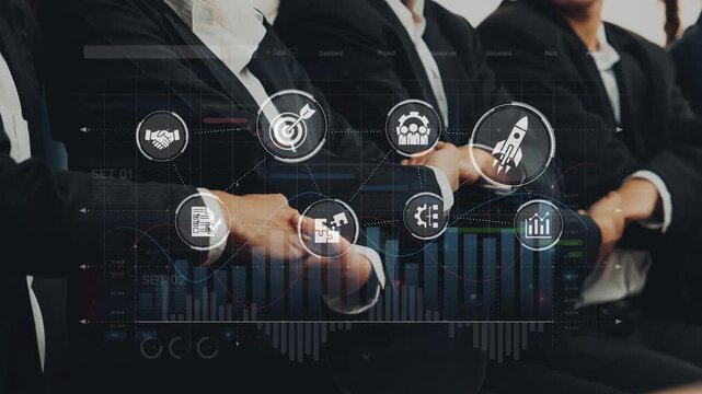 A professional team collaborates in a modern office, surrounded by digital icons that symbolize growth, strategy, innovation, and data analysis, showcasing teamwork. Raster
