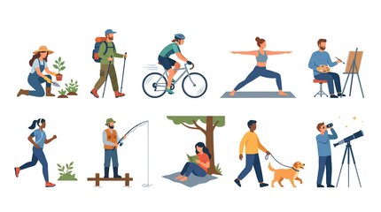 Fototapeta premium Assorted icons of people performing outdoor hobbies and recreational activities.