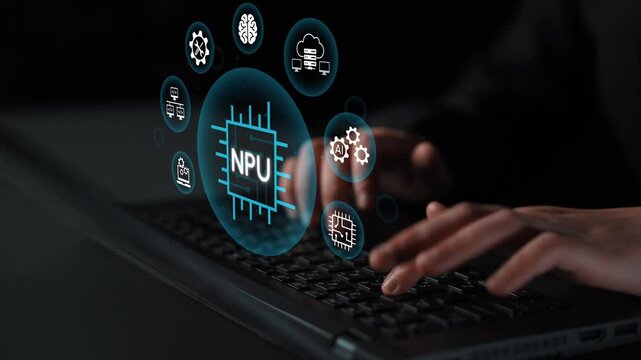 Hands Typing on Laptop with Digital NPU Icon and Technology Symbols in Dark Environment for Concept of Computing Efficiency. Entropy.