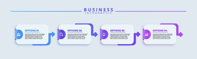 Fototapeta premium Business infographic template featuring four numbered steps in a horizontal sequence with blue to purple gradient arrows, white card elements, icons, and placeholder text for process flow.