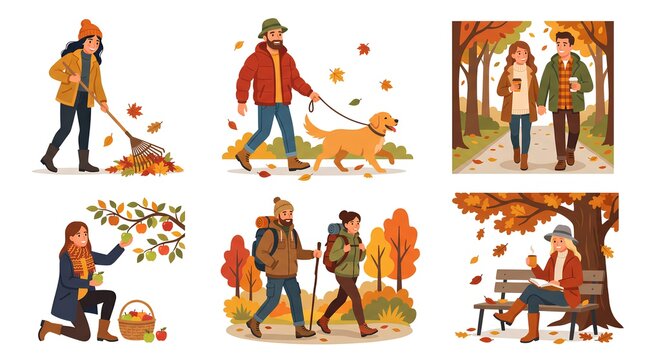 Set of autumn flat vector illustrations showing seasonal activities.