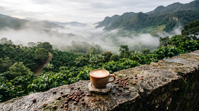 Steaming cup of coffee on a stone wall overlooking a misty mountain valley.