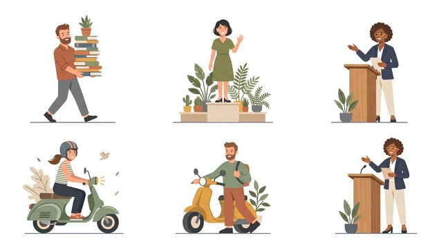 Vector characters including people with books and scooters.
