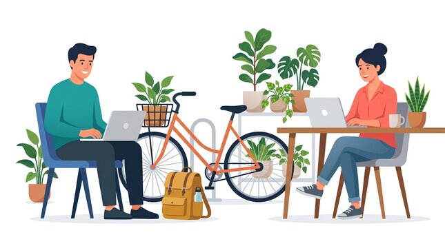Two people working on laptops in a room filled with indoor plants.