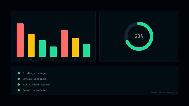 A digital penetration testing interface displays fluctuating data analytics with vibrant bar charts and progress circles illuminated in soft neon hues on a dark screen display