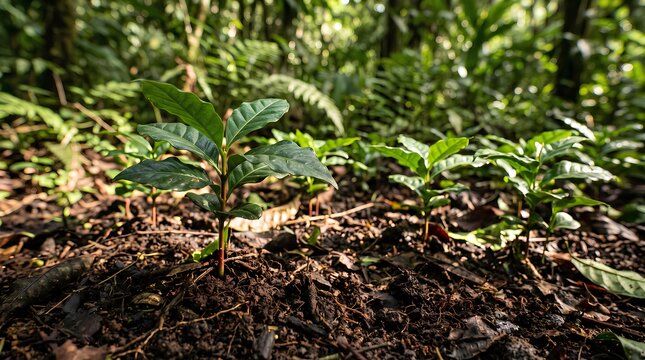 Young coffee seedlings growing in rich soil at a nursery.