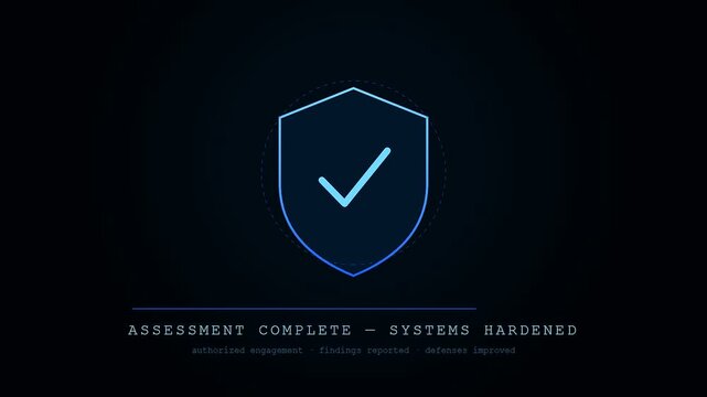 A digital shield symbol indicates penetration testing completion while showing glowing check marks as systems transition through secure stages in this smooth animated interface visual sequence