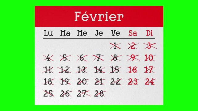 Calendar Pages in French Flying away with Dates Marked with Cross Signs - 4k animation (3840 x 2160 px)