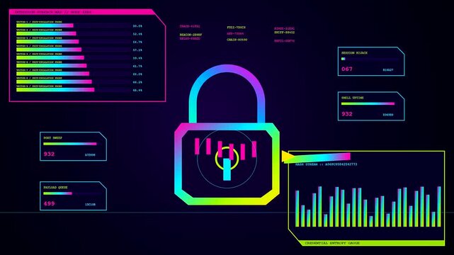A digital penetration testing interface displays colorful padlock icons and shifting data bars on a dark screen representing a simulated cyber security threat assessment process