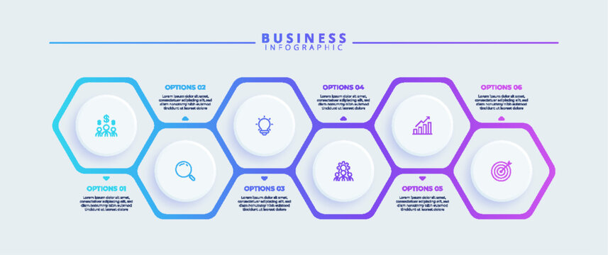 Business infographic template featuring six interconnected hexagonal stages in a horizontal sequence. Neumorphic circular icons with a blue to purple gradient color scheme and text.