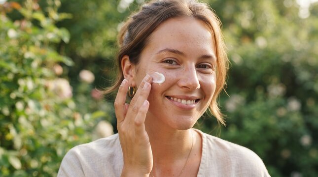 smiling young woman applying facial moisturizer cream outdoors in sunny garden