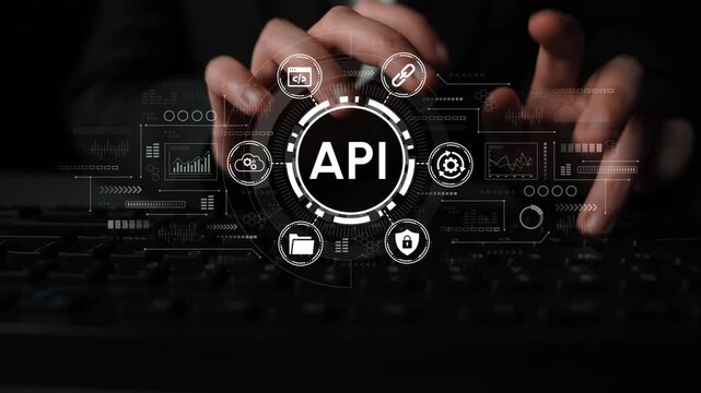 Hands Typing on Keyboard with API Interface Graphic Visualization Showing Digital Technology and Data Connection Concept in Dark Environment. Entropy.