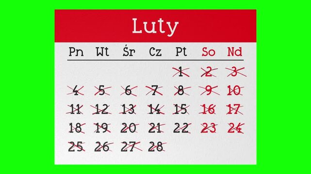 Calendar Pages in Polish Flying away with Dates Marked with Cross Signs - 4k animation (3840 x 2160 px)