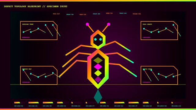 Digital penetration testing interface displaying abstract spider geometry with glowing data line graphs and complex metrics on dark screen panels during a system monitoring process