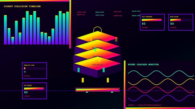 A sophisticated penetration testing interface displays fluctuating data levels with vibrant stacked geometric layers and animated wave signals during a complex digital diagnostic procedure in progress